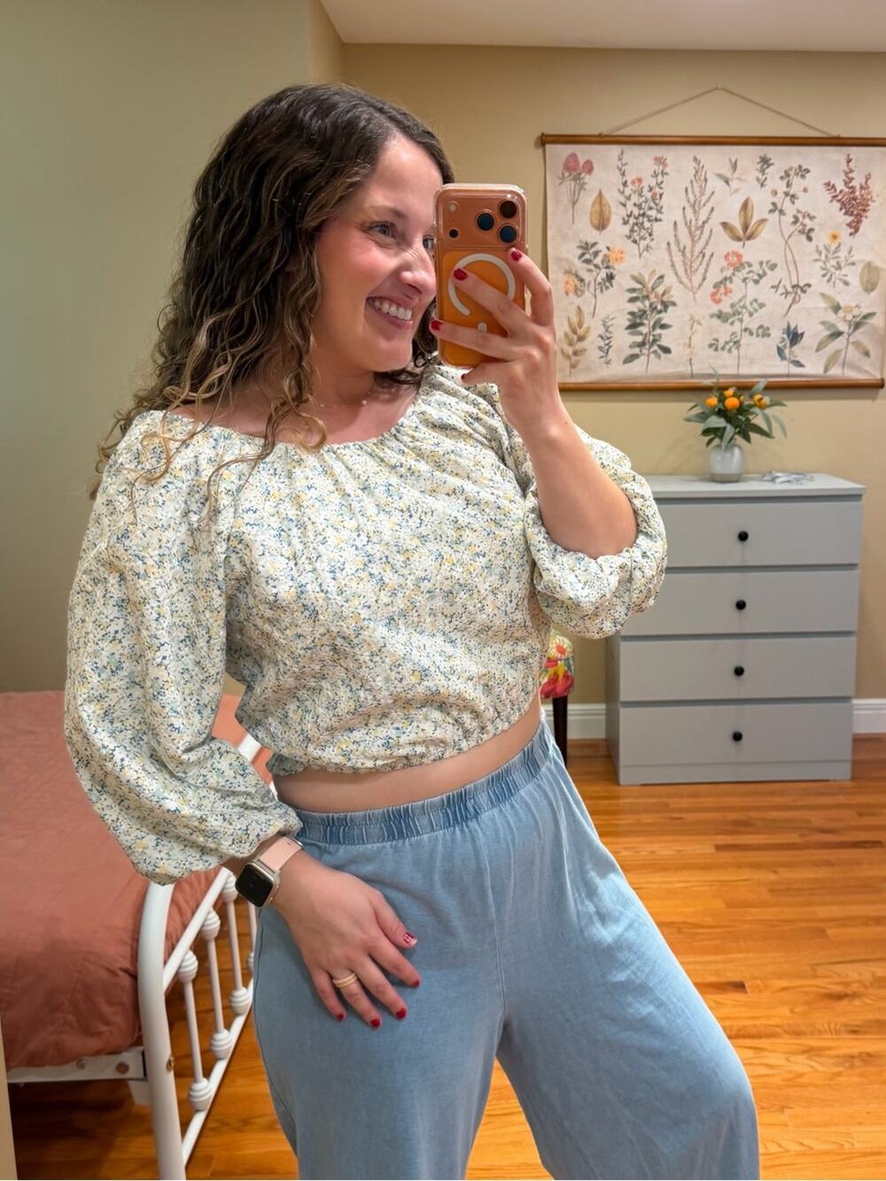 Anthropologie En Saison Floral Puff-Sleeve Crop Top - Cream Open Back Small